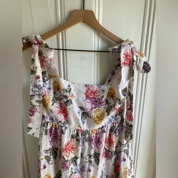 House of Harlow 1960 Dress Floral Linen Tier Bow Tie Shoulders Sz M - Picture 7 of 16